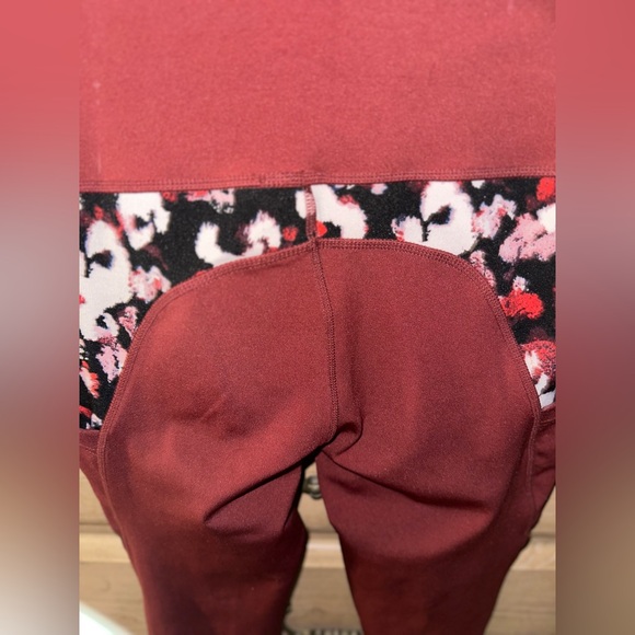 BSP | High-Waist Maroon Pocket Leggings with Floral Panels | Size Small - Picture 8 of 14
